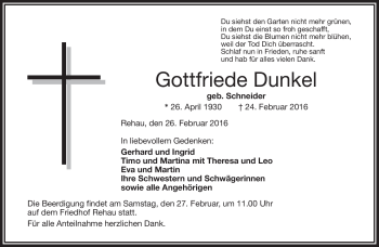 Traueranzeige von Gottfriede Dunkel von Frankenpost