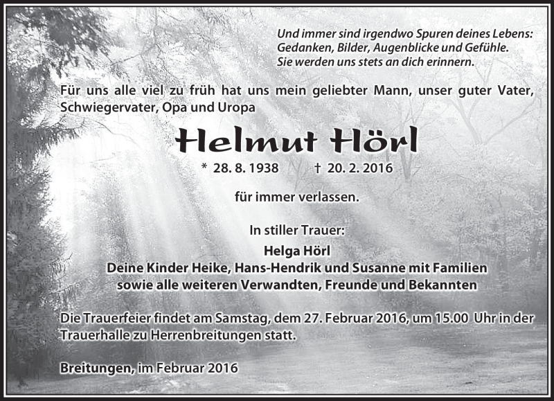  Traueranzeige für Helmut Hörl vom 24.02.2016 aus Südthüringer Presse