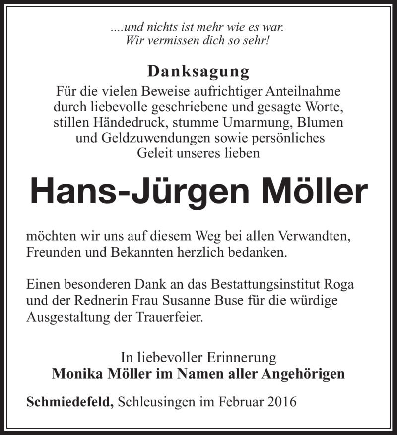  Traueranzeige für Hans-Jürgen Möller vom 29.02.2016 aus Südthüringer Presse