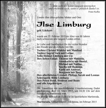 Traueranzeige von Ilse Limburg von Südthüringer Presse