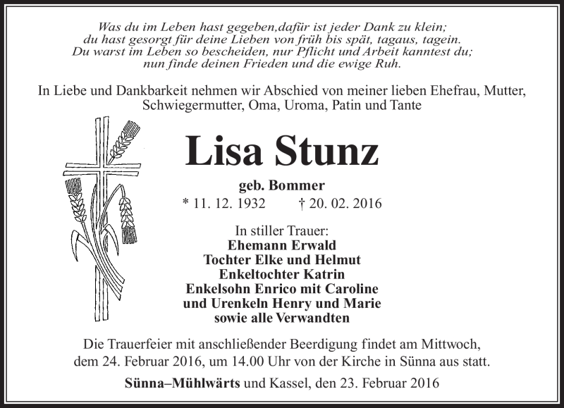  Traueranzeige für Lisa Stunz vom 23.02.2016 aus Südthüringer Presse