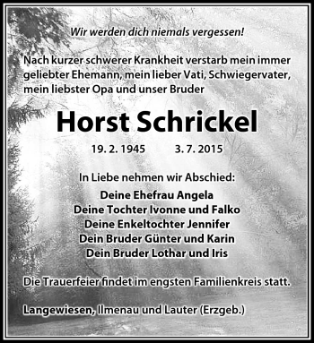 Traueranzeige von Horst Schrickel von Südthüringer Presse