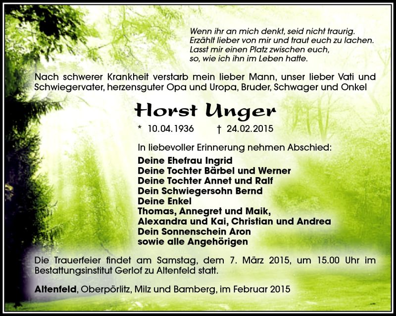  Traueranzeige für Horst Unger vom 28.02.2015 aus Südthüringer Presse