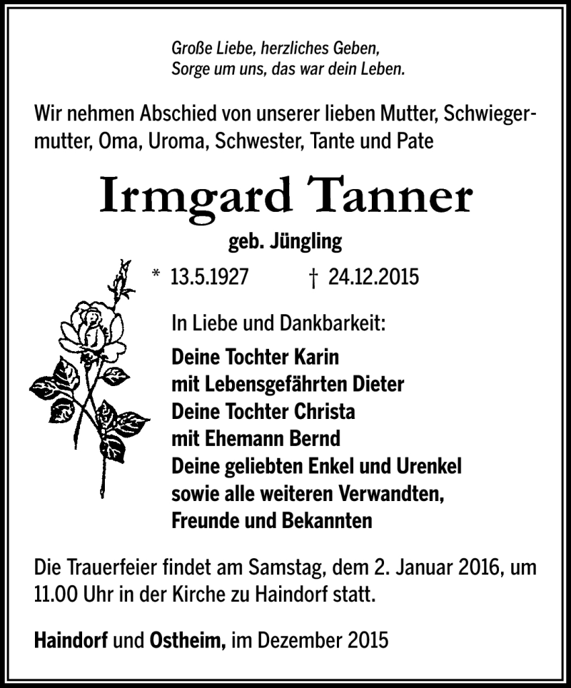  Traueranzeige für Irmgard Tanner vom 30.12.2015 aus Südthüringer Presse