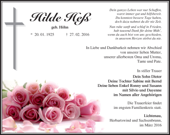 Traueranzeige von Hilde Heß von Südthüringer Presse