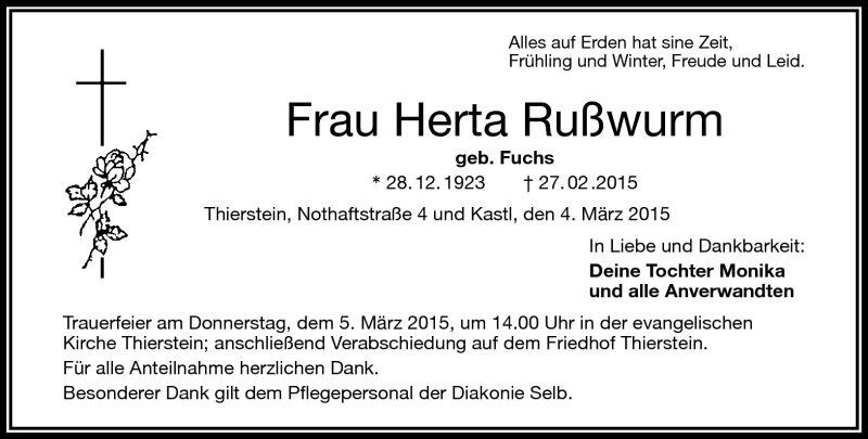  Traueranzeige für Herta Rußwurm vom 04.03.2015 aus Frankenpost