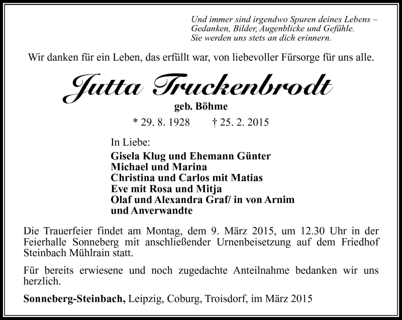  Traueranzeige für Jutta Truckenbrodt vom 04.03.2015 aus Südthüringer Presse