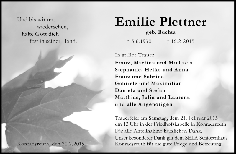 Traueranzeige für Emilie Plettner vom 20.02.2015 aus Frankenpost