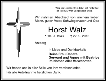 Traueranzeige von Horst Walz von Frankenpost
