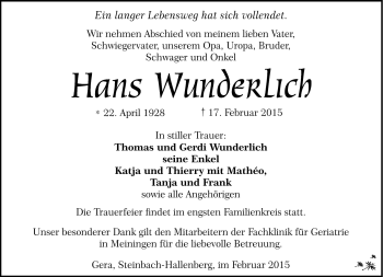 Traueranzeige von Hans Wunderlich von Südthüringer Presse