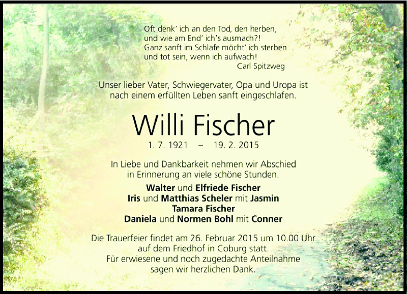 Traueranzeige für Willi Fischer vom 21.02.2015 aus Neue Presse Coburg