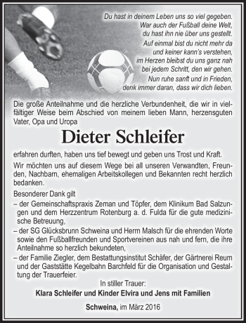 Traueranzeige von Dieter Schleifer von Südthüringer Presse