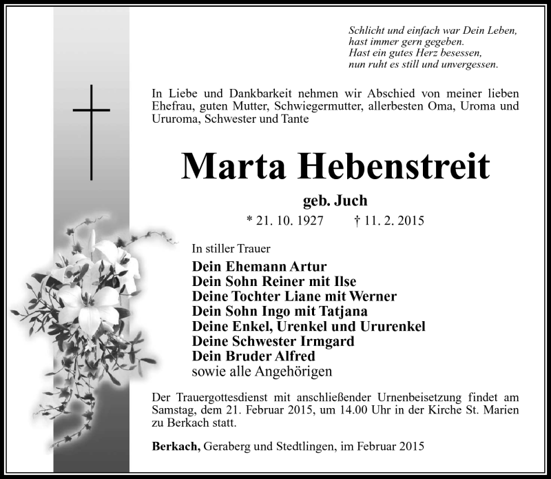  Traueranzeige für Marta Hebenstreit vom 17.02.2015 aus Südthüringer Presse