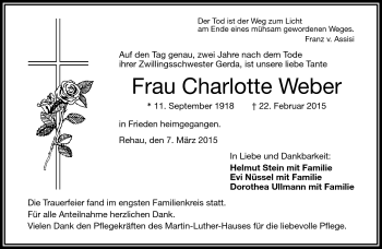 Traueranzeige von Charlotte Weber von Frankenpost