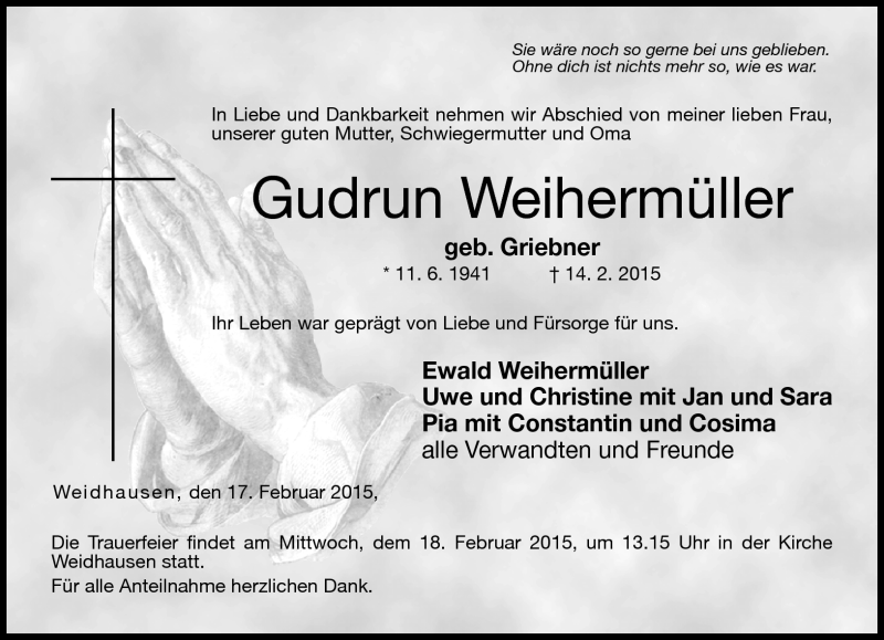  Traueranzeige für Gudrun Weihermüller vom 17.02.2015 aus Neue Presse Coburg