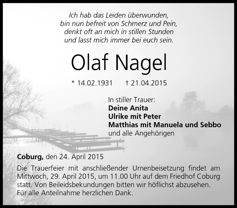  Traueranzeige für Olaf Nagel vom 24.04.2015 aus Neue Presse Coburg