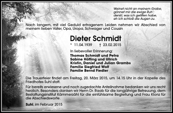 Traueranzeige von Dieter Schmidt von Südthüringer Presse
