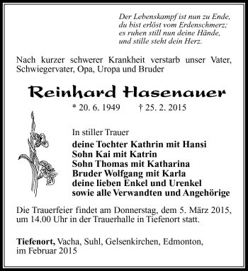 Traueranzeige von Reinhard Hasenauer von Südthüringer Presse