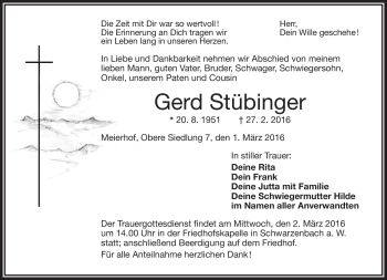 Traueranzeige von Gerd Stübinger von Frankenpost