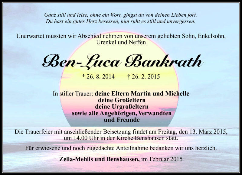  Traueranzeige für Ben-Luca Bankrath vom 10.03.2015 aus Südthüringer Presse