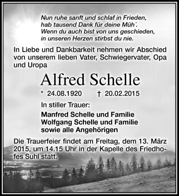 Traueranzeige von Alfred Schelle von Südthüringer Presse