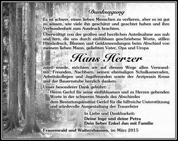 Traueranzeige von Hans Herzer von Südthüringer Presse