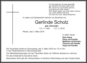 Traueranzeige von Gerlinde Scholz von Frankenpost