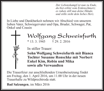 Traueranzeige von Wolfgang Schweisfurth von Südthüringer Presse
