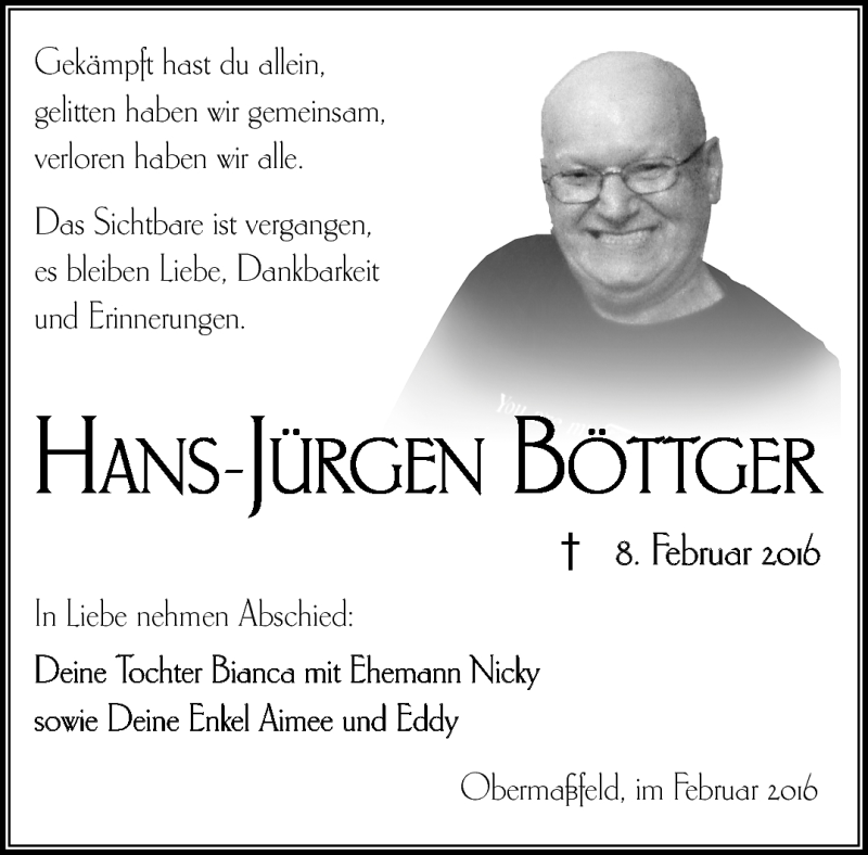 Traueranzeige für Hans-Jürgen Böttger vom 17.02.2016 aus Südthüringer Presse