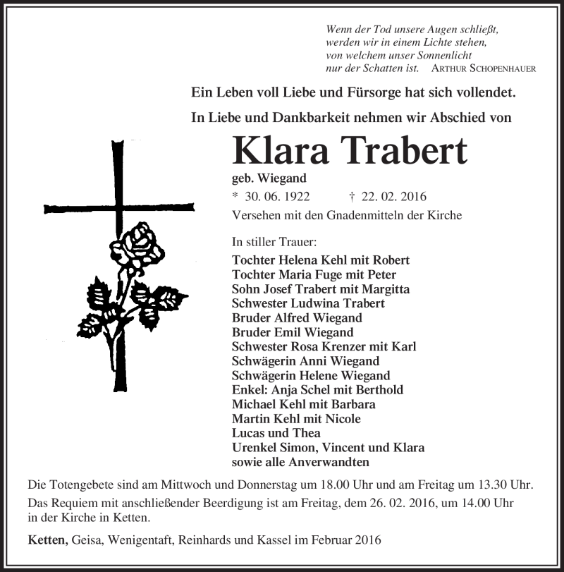  Traueranzeige für Klra Trabert vom 24.02.2016 aus Südthüringer Presse