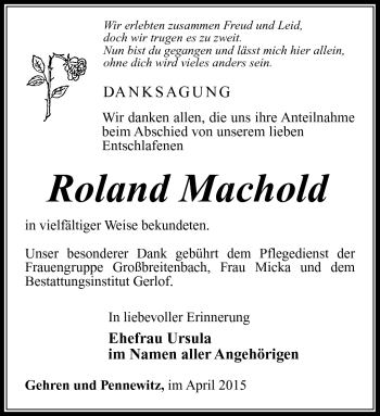 Traueranzeige von Roland Machold von Südthüringer Presse