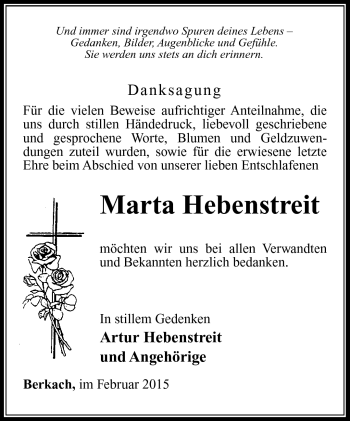 Traueranzeige von Marta Hebenstreit von Südthüringer Presse