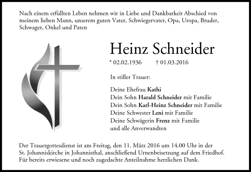  Traueranzeige für Heinz Schneider vom 09.03.2016 aus Neue Presse Coburg
