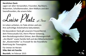 Traueranzeige von Luise Platz von Südthüringer Presse