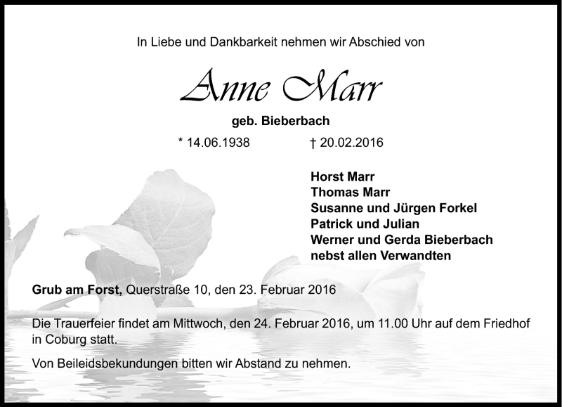  Traueranzeige für Anne Marr vom 23.02.2016 aus Neue Presse Coburg