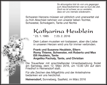 Traueranzeige von Katharina Heublein von Südthüringer Presse