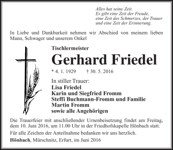 Traueranzeige von Gerhard Friedel von Südthüringer Presse