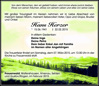 Traueranzeige von Hans Herzer von Südthüringer Presse