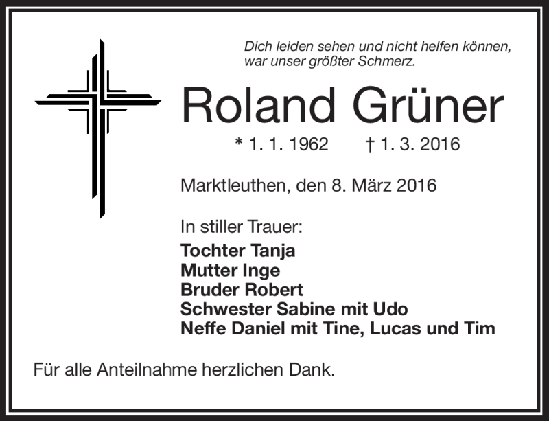  Traueranzeige für Roland Grüner vom 08.03.2016 aus Frankenpost