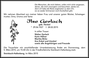 Traueranzeige von Ilse gerlach von Südthüringer Presse