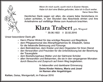 Traueranzeige von Klara Trabert von Südthüringer Presse