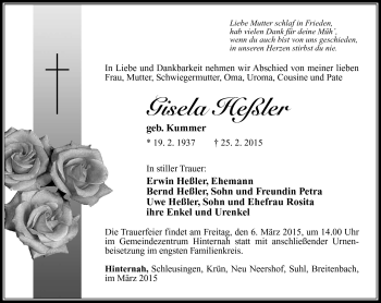 Traueranzeige von Gisela Heßler von Südthüringer Presse