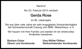 Traueranzeige von Gerda Rose von Neue Presse Coburg