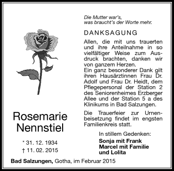 Traueranzeige von Rosemarie Nennstiel von Südthüringer Presse