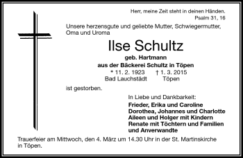 Traueranzeige von Ilse Schultz von Frankenpost