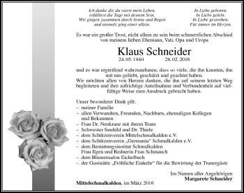 Traueranzeige von Klaus Schneider von Südthüringer Presse