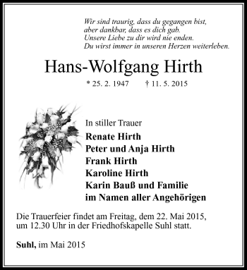 Traueranzeige von Hans-Wolfgang Hirth von Südthüringer Presse