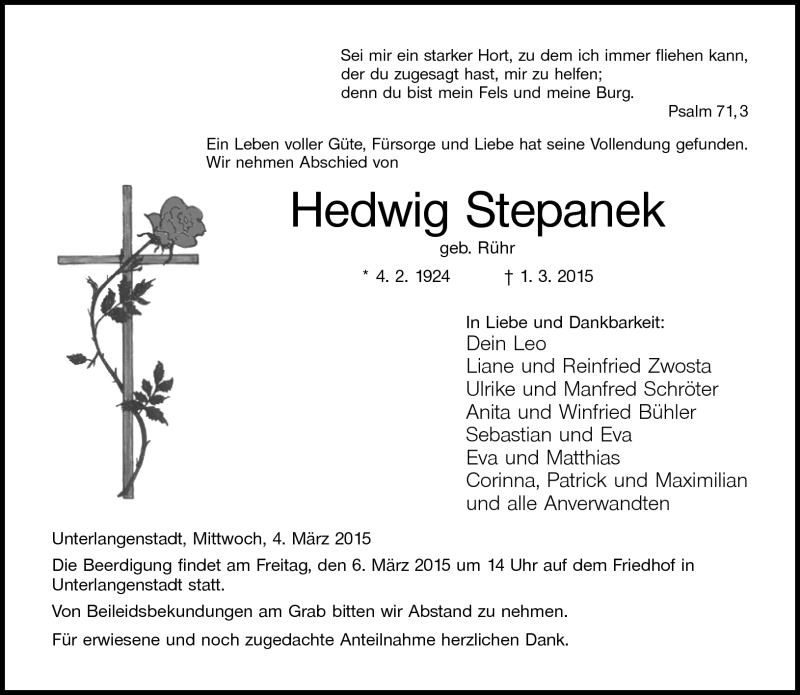  Traueranzeige für Hedwig Stepanek vom 04.03.2015 aus Neue Presse Coburg