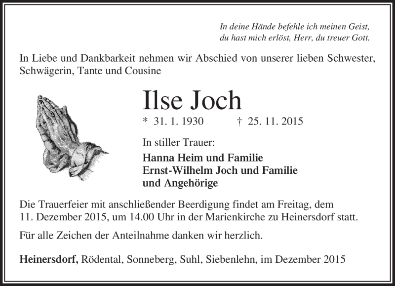  Traueranzeige für Ilse Joch vom 05.12.2015 aus Südthüringer Presse