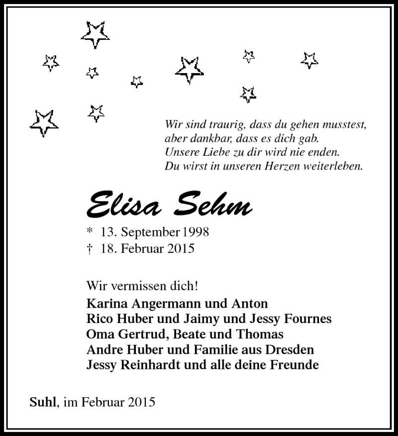  Traueranzeige für Elisa Sehm vom 28.02.2015 aus Südthüringer Presse